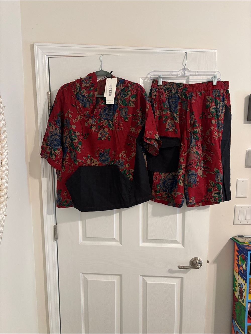 Red Floral Two-Piece Set with Black Panels